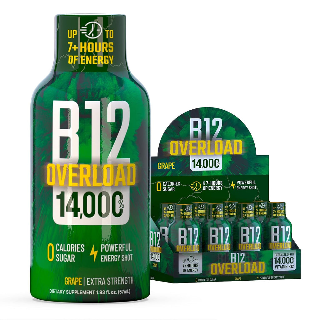 B12 Overload Extra Strength Energy Shot – Pomegranate – 260mg Caffeine, 14000% B12, Electrolytes – Energy & Vitality Support – Zero Sugar No Calories – Vegan, Kosher, Gluten-Free – 1.93 fl oz, 24-Pack