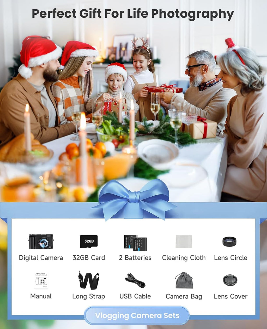 4K Digital Camera for Photography, with WiFi, 180° Flip Screen, 32GB Card