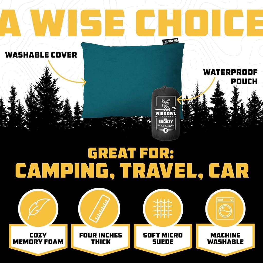 Wise Owl Outfitters Camping Pillow – Memory Foam Travel Pillow for Airplane Sleeping, Hiking, Backpacking & Outdoor Use - Small & Portable for Adults, Car, Camp & Tent