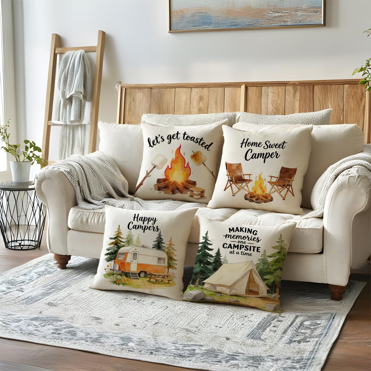 ULOVE LOVE YOURSELF Camping Throw Pillow Covers 4Pack Outdoor Campfire Adventure Decorative Pillowcases Happy Campers Cushion Covers 18 X 18 Inch for Camper, Cabin Home Decor (Brown-Orange)