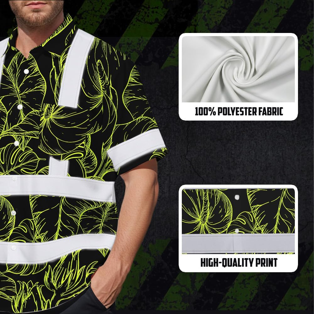 High Visibility Hawaiian Shirt for Men Tropical Shirts Custom Name Floral Outfit Reflective Safety Workwear