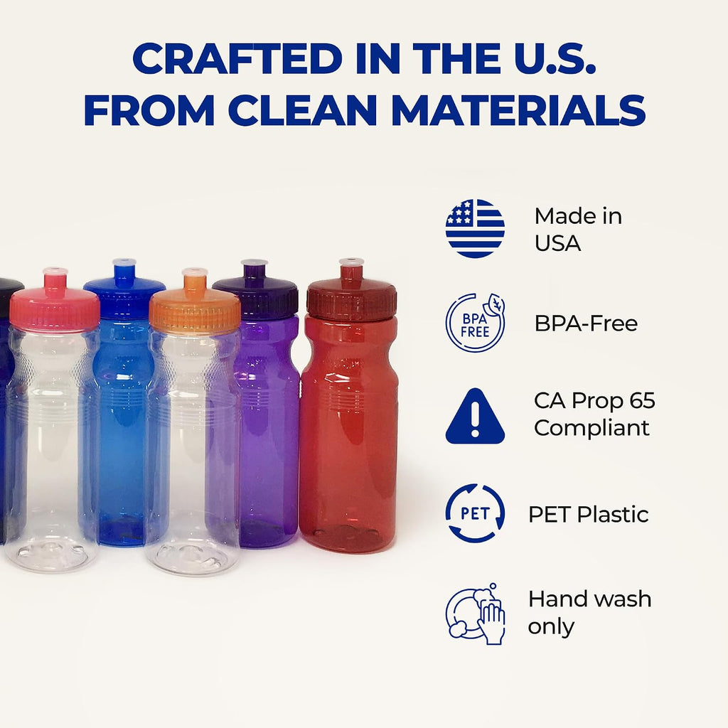 Rolling Sands Reusable Bulk Water Bottles 30 Pack - 24 Oz Sports Water Bottles, USA Made, BPA-Free, Wide Mouth for Easy Cleaning, Break Resistant - Translucent Clear Bottle/Yelow Lid