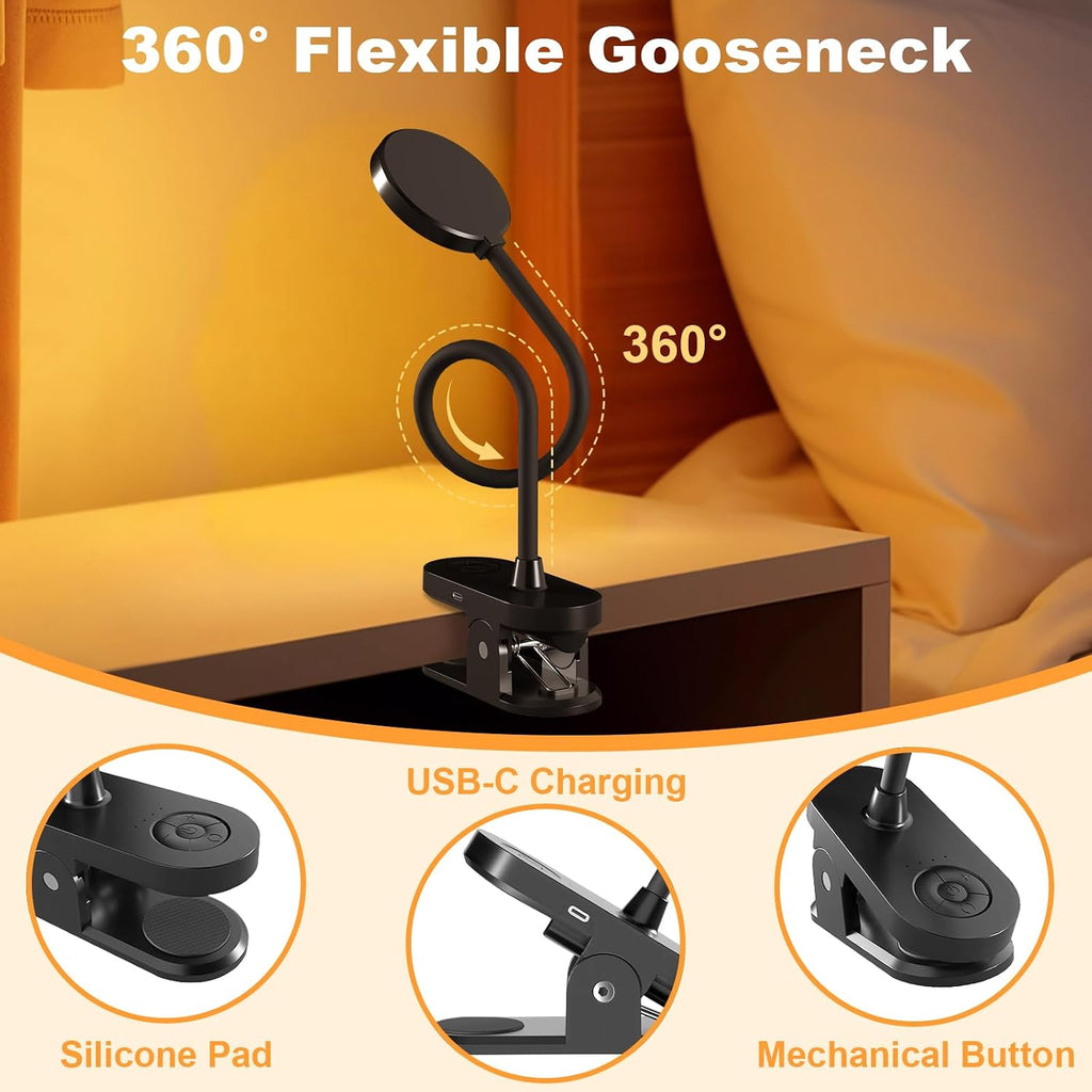 Rechargeable Clip on Light for Bed, 61 LED Cordless Reading Lamp with 3 Color Modes & 10 Brightness Levels, Portable and Flexible Book Light Clamp on Office Desk Bunk Bed Dorm Headboard (Black/3.5'')