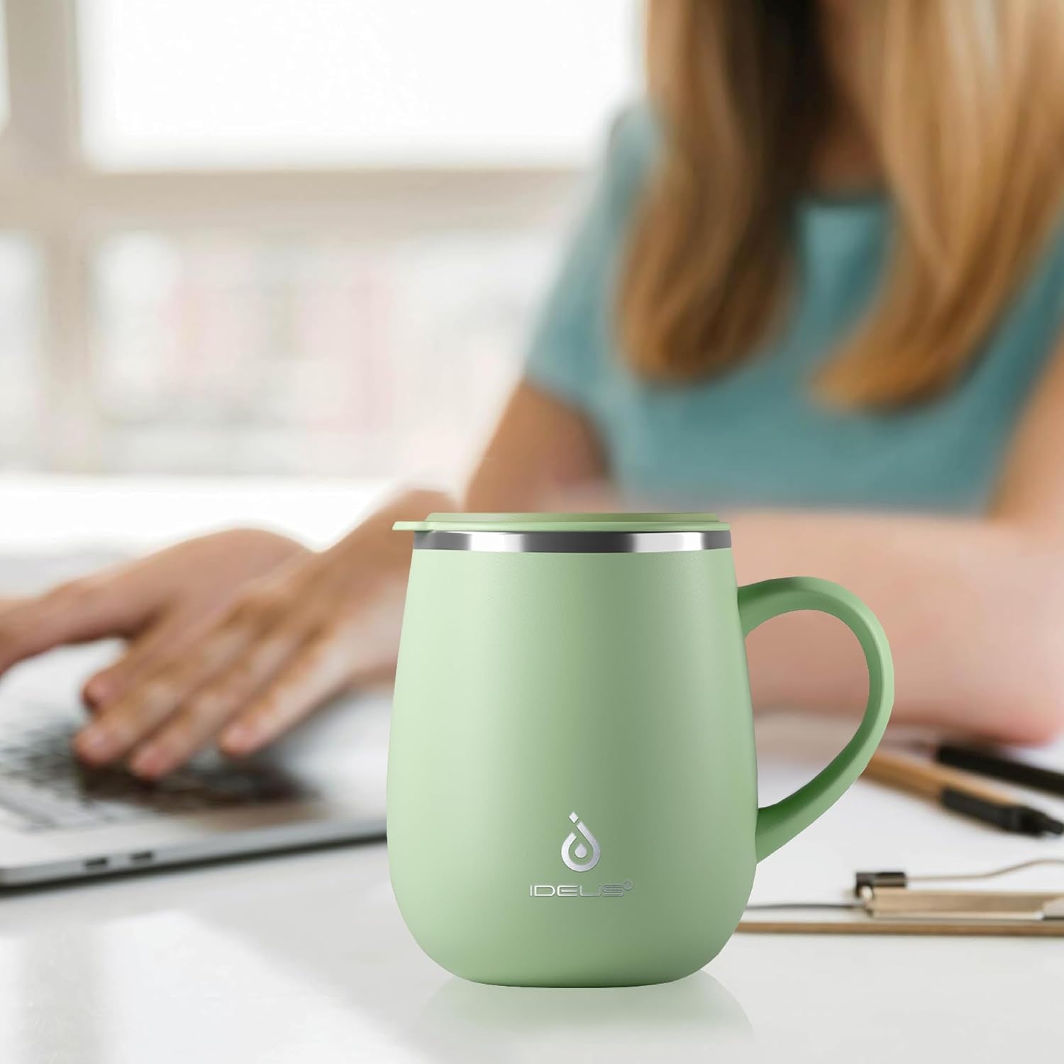 Ideus 16 oz Insulated Coffee Mug with Lid and Handle (Avocado Green 2.0)