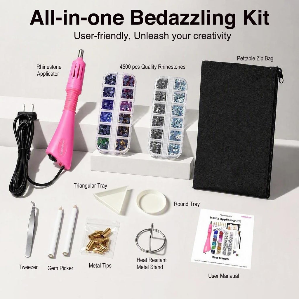 esseelove Hotfix Applicator, DIY Hot Fix Rhinestone Setter, Hot Fixed Wand Kit, 4536 Pcs, AB, Clear, 12 Colors, Gem Picker, Brush, Trays, Bag, Bedazzler Kit with Rhinestones