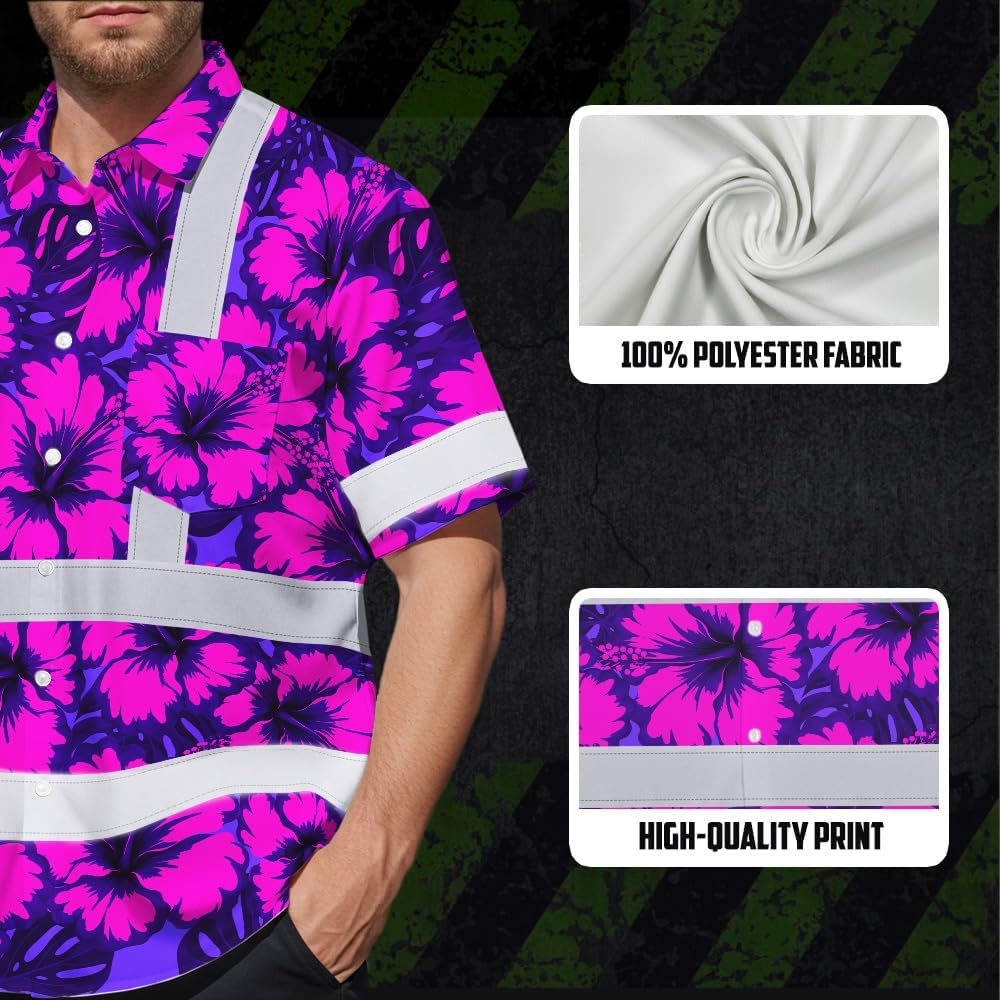 High Visibility Hawaiian Shirt for Men Tropical Shirts Custom Name Floral Outfit Reflective Safety Workwear