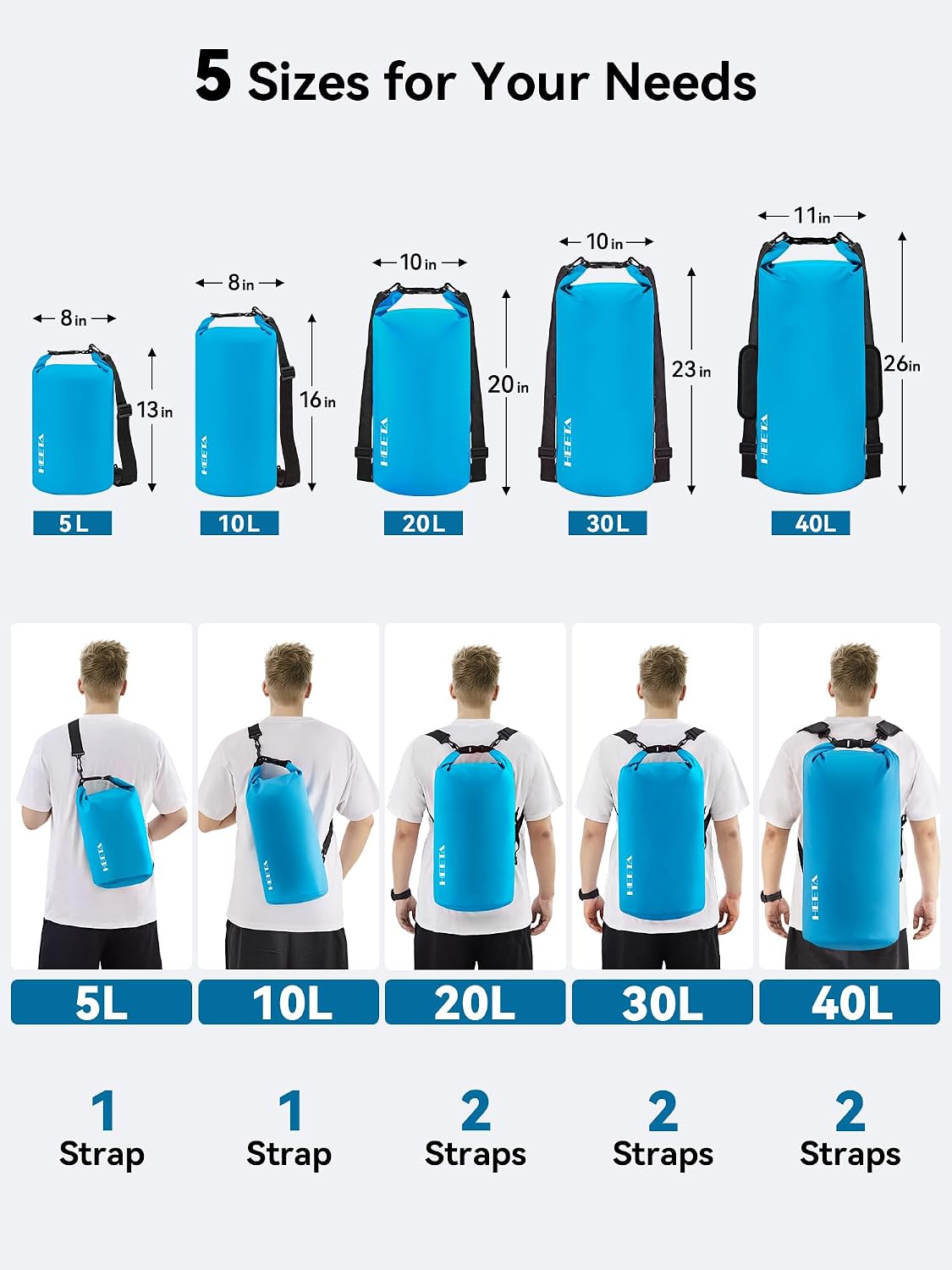 HEETA Waterproof Dry Bag Backpack with Emergency Whistle 5L/10L/20L/30L/40L