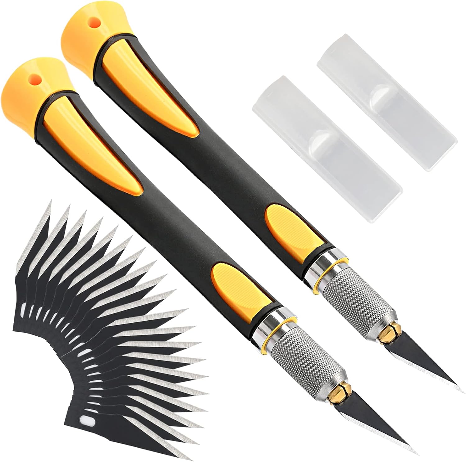 FOSHIO 2 Pack Precision Craft Knife Set with 20 Pieces Replacement Blades, Ergonomic Non-Slip Handle Hobby Knife with Protective Cover for Art, Craft Scrapbooking, Stencil (Yellow)