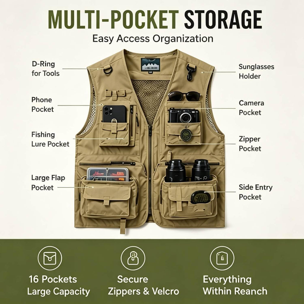 Outdoor Utility Vest for Men & Women, Lightweight Breathable Mesh Vest with Multiple Pockets for Fishing, Photography, Hiking, Camping, Travel & Safari, Khaki