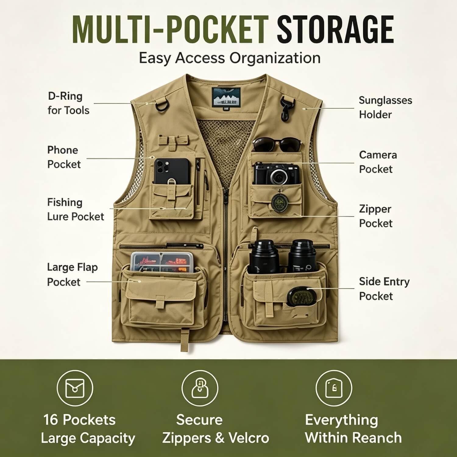 Outdoor Utility Vest for Men & Women, Lightweight Breathable Mesh Vest with Multiple Pockets for Fishing, Photography, Hiking, Camping, Travel & Safari, Khaki