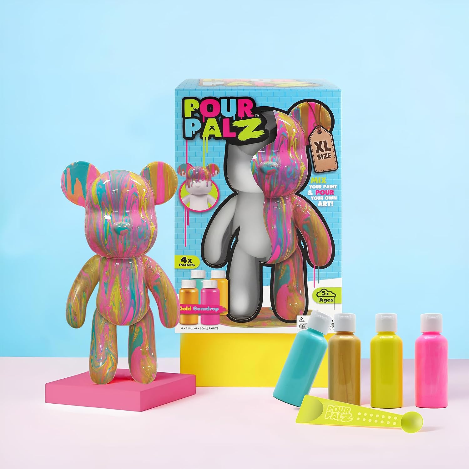 Pour Palz DIY Paint Pouring Kit – 1 XL Bear Figurine, 4 Acrylic Pour Paints, Mixing Cups & Tools, Create Unique Marbled Art, Fun Hands-On Craft Kit for Kids & Adults, Gold Gumdrop, Ages 5+