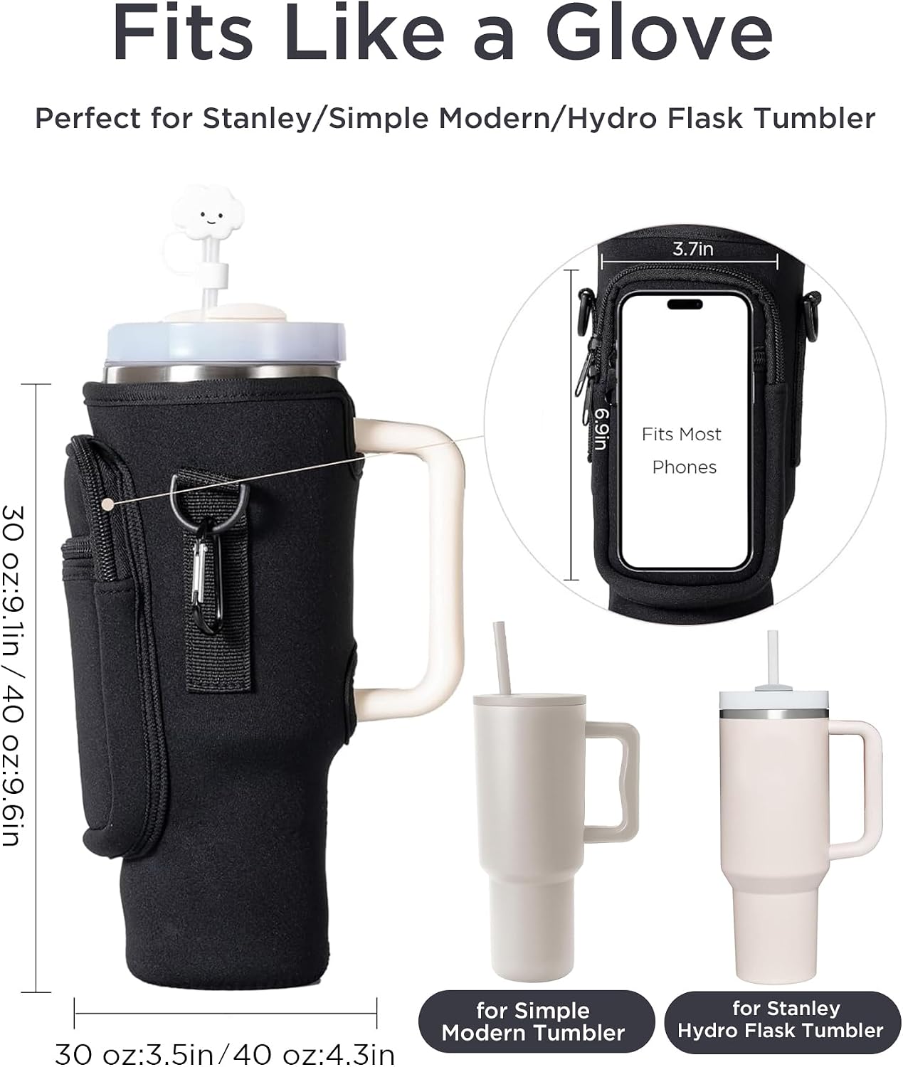 dabria Water Bottle Carrier Bag with Phone Pocket for Stanley 40/30 oz Tumbler Neoprene Water Bottle Holder Pouch with Adjustable Strap Bollus with Straw Cover for Stanley Cup Accessories