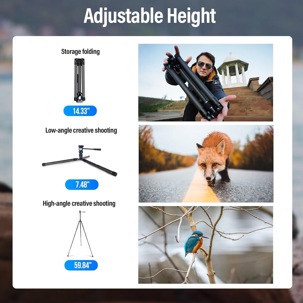 SIRUI Carbon Fiber Tripod Lightweight 2lbs with Panoramic Fluid Head, 59.8” Compact Camera Tripod Quick Release Leg Setup, Reversible Center Column, Reverse Folding Legs, Max Load 11lbs - Traveler X