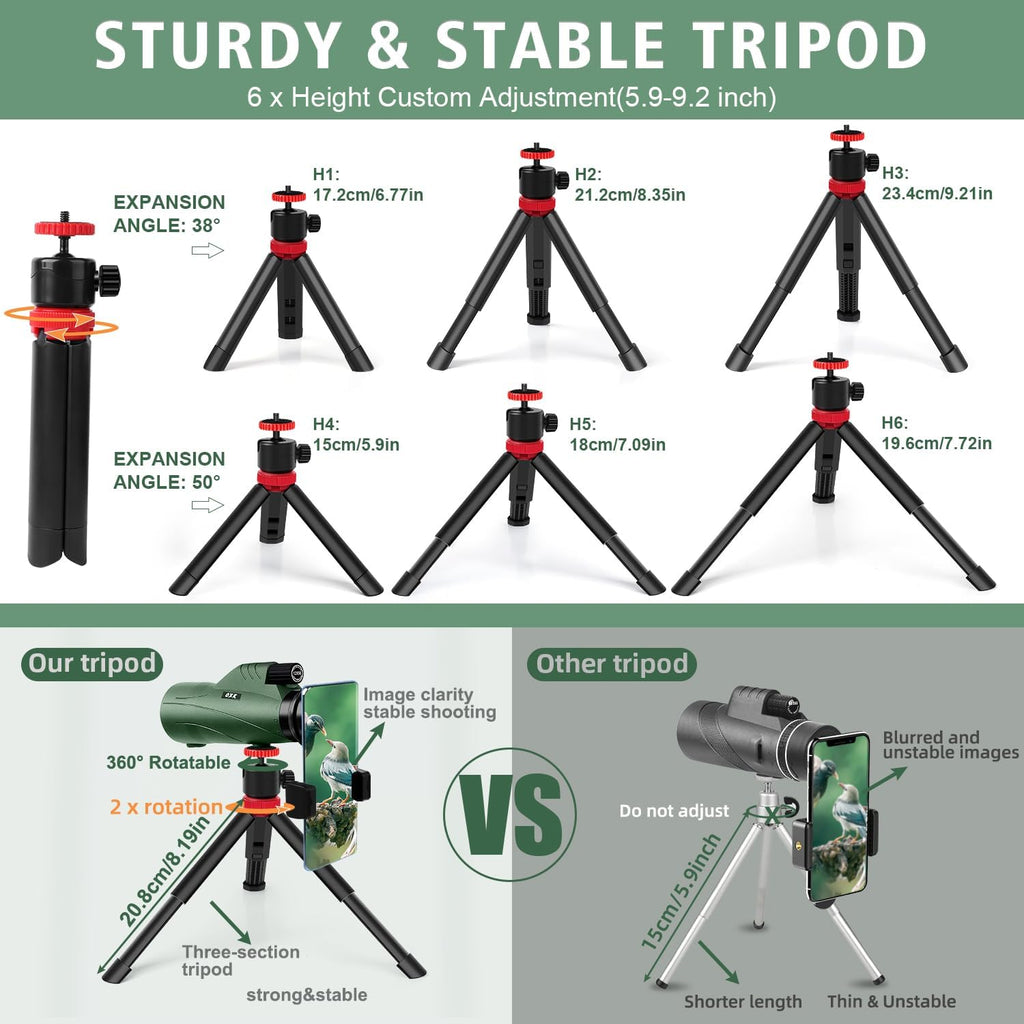 12x56 High Power Monocular Telescope with Tripod Bag, Handheld Monoculars for Adults with BAK4 Prism & FMC Lens, Suitable for Bird Watching Camping, New-Upgraded BAK4 - Hunter Green