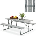 Tangkula 6 Ft Folding Picnic Table, Outdoor 8 Person Large Picnic Table Set with 2 Built-in Benches, Umbrella Hole, Metal Frame & HDPE Tabletop for Garden, Backyard (Grey)