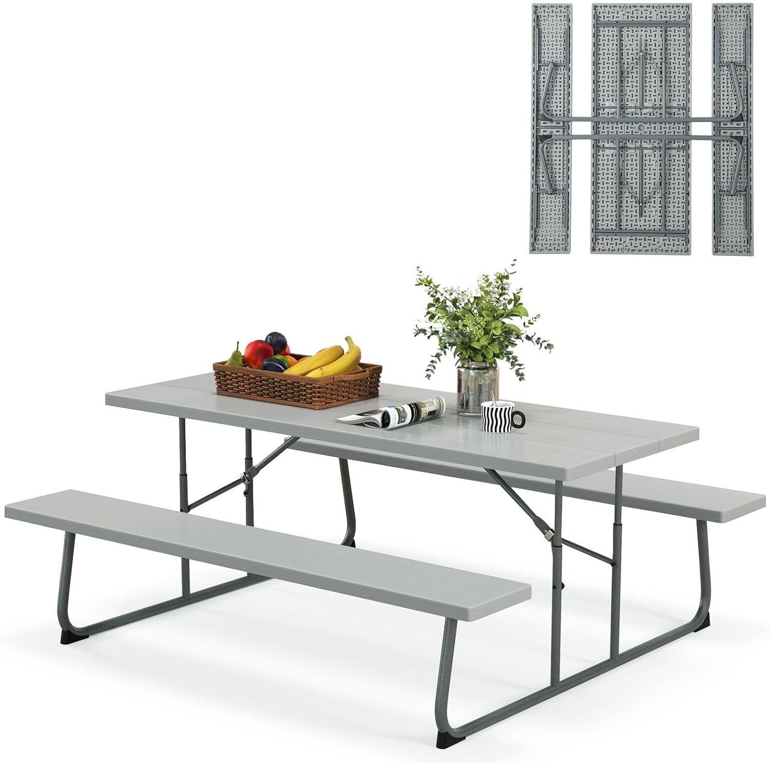 Tangkula 6 Ft Folding Picnic Table, Outdoor 8 Person Large Picnic Table Set with 2 Built-in Benches, Umbrella Hole, Metal Frame & HDPE Tabletop for Garden, Backyard (Grey)