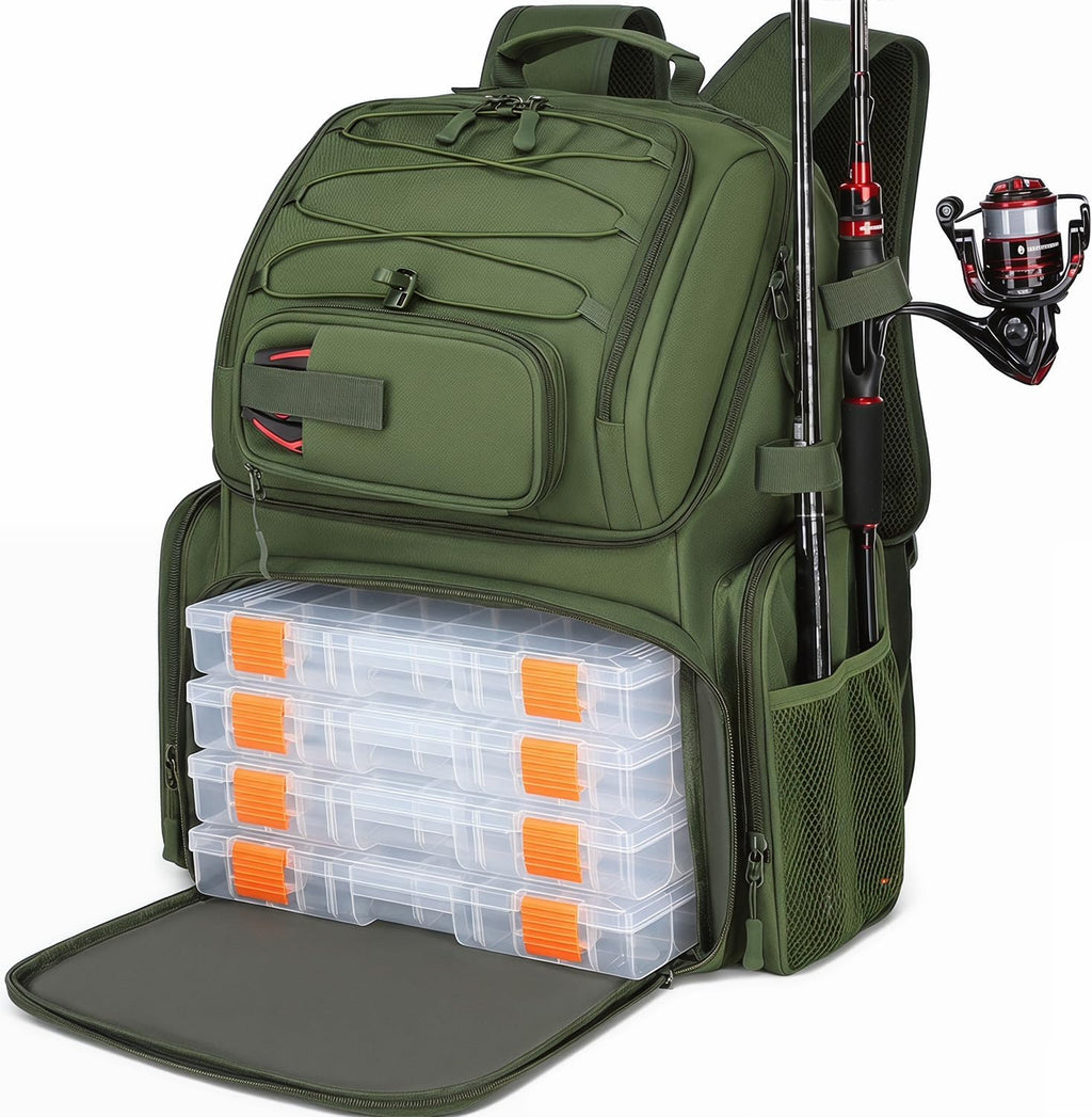 HAMBOLY 50L Fishing Backpack with Tackle Boxes, Cooler & Rod Holders