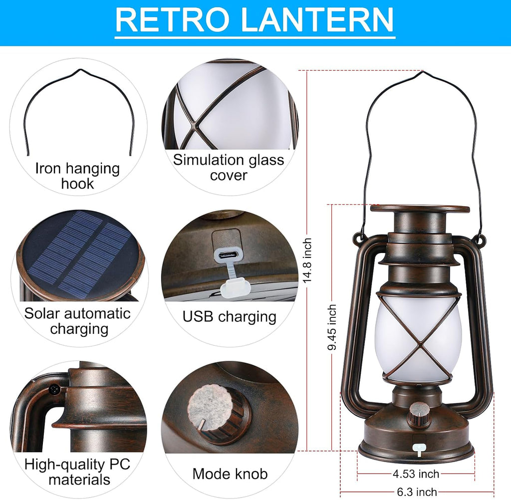 Solar Lantern Outdoor, Flickering Flame LED Vintage Lanterns 2Pack