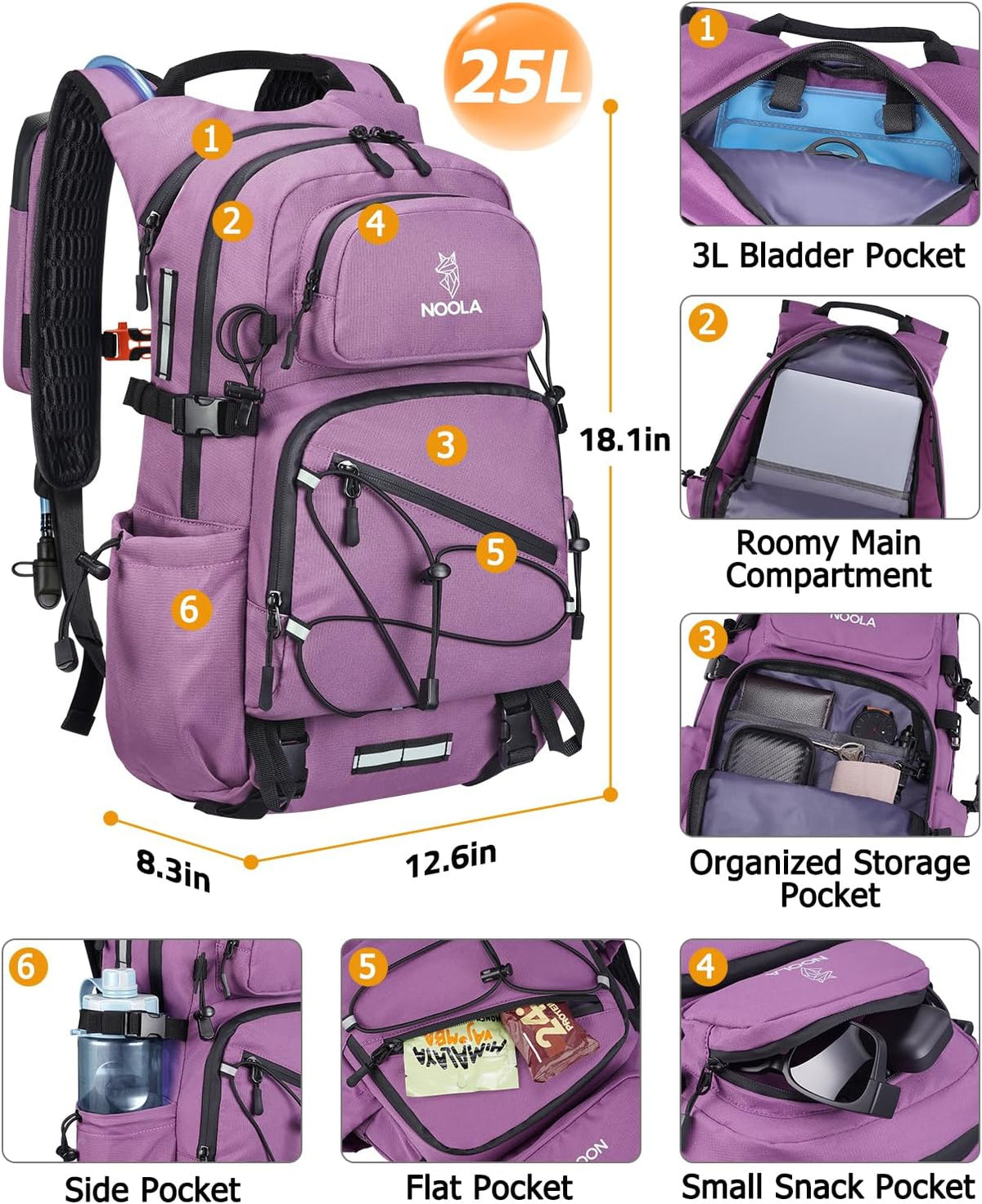 NOOLA 25L Hydration Hiking Backpack with 3L Water Bladder for Women and Men