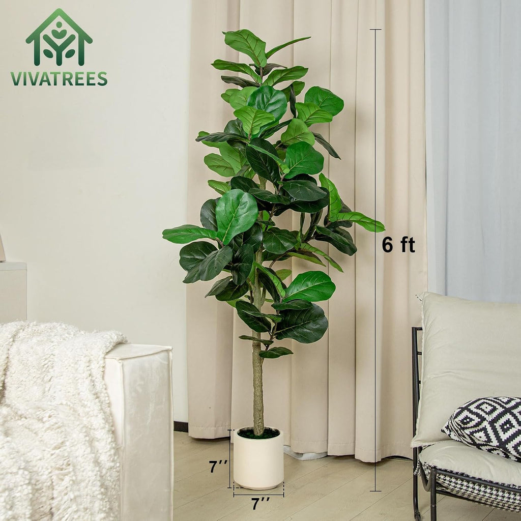 VIVATREES 6FT Fiddle Leaf Fig Artificial Tree with White Planter Pot,Faux Floor Plant, Indoor and Outdoor Fake Plants for Home Office Decor