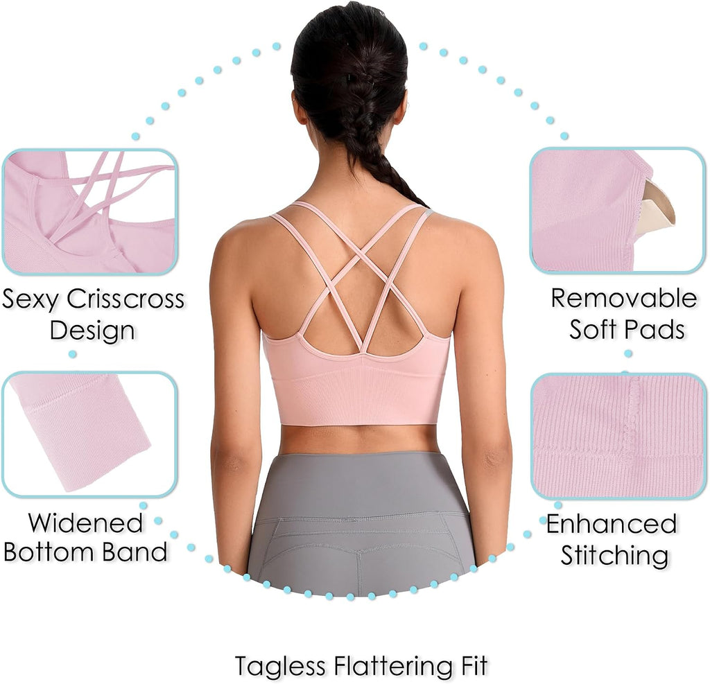 Women's Cross Back Sport Bras, Padded Strappy Seamless Low Impact 3-5 Pack