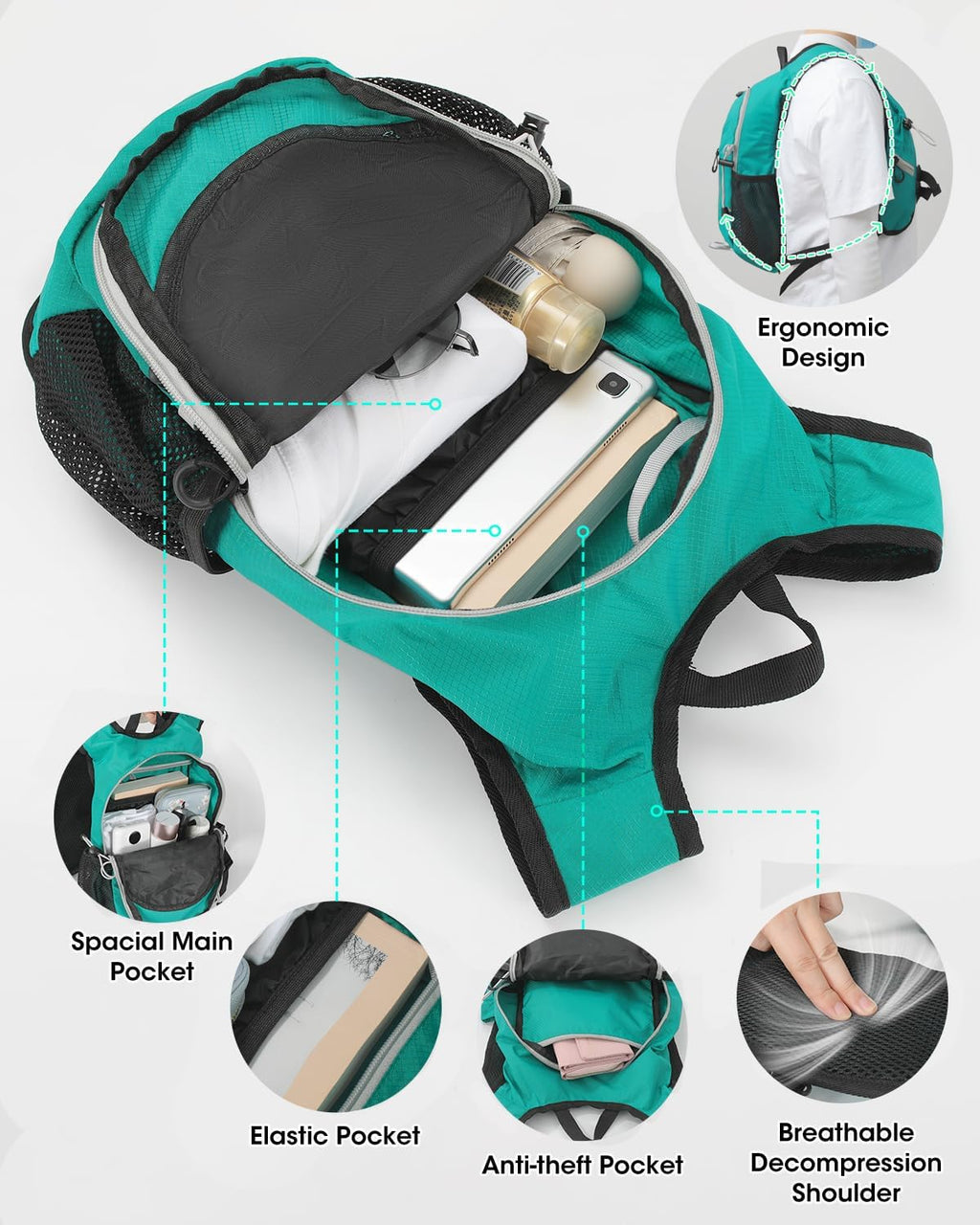 Foldable Small Hiking Backpack with 3 Strap Pockets – Lightweight 300D Spill-proof Daypack for Men Women – Packable Small Travel Backpack with Chest Strap & Trekking Pole Holder – Durable Outdoor Bag