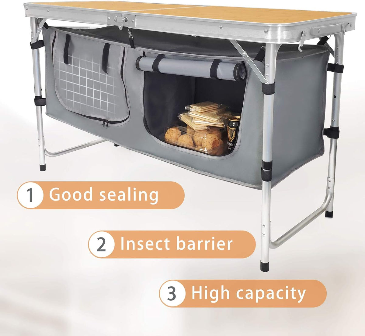 Folding Camping Table with Storage Lightweight Camp Tables Portable Indoor/Outdoor Collapsible Table Height Adjustable Camp Kitchen Perfect for Picnic, Beach, Travel, Tailgating, Backyards, BBQ, Party