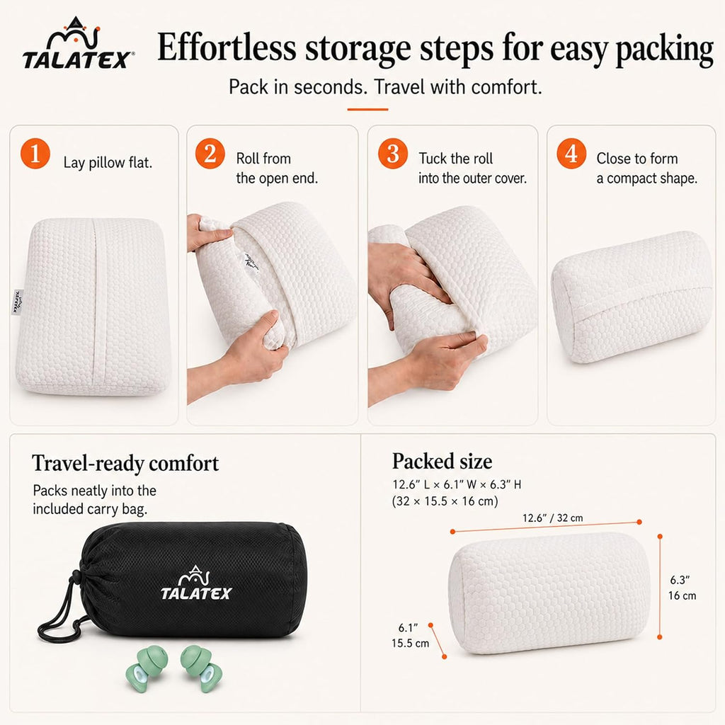 Talatex 100% Natural Premium Talalay Latex Travel Pillow, Camping Pillow, Small Camping Pillow with Compressible Stuff Sack, No Memory Foam Chemicals with Washable Cover (Medium Latex, 1)