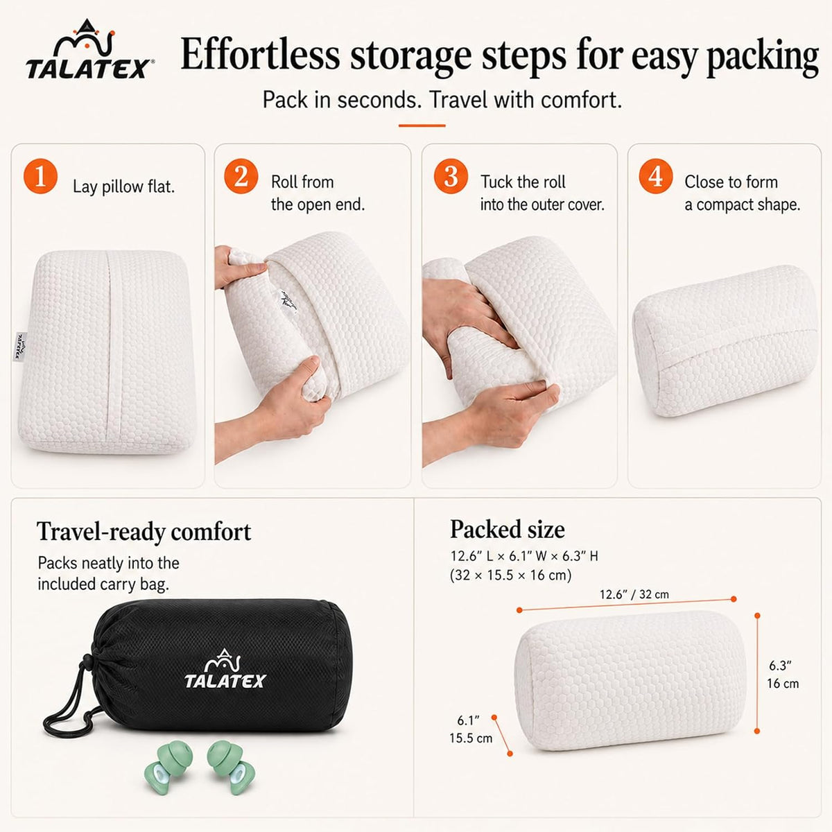 Talatex 100% Natural Premium Talalay Latex Travel Pillow, Camping Pillow, Small Camping Pillow with Compressible Stuff Sack, No Memory Foam Chemicals with Washable Cover (Medium Latex, 1)