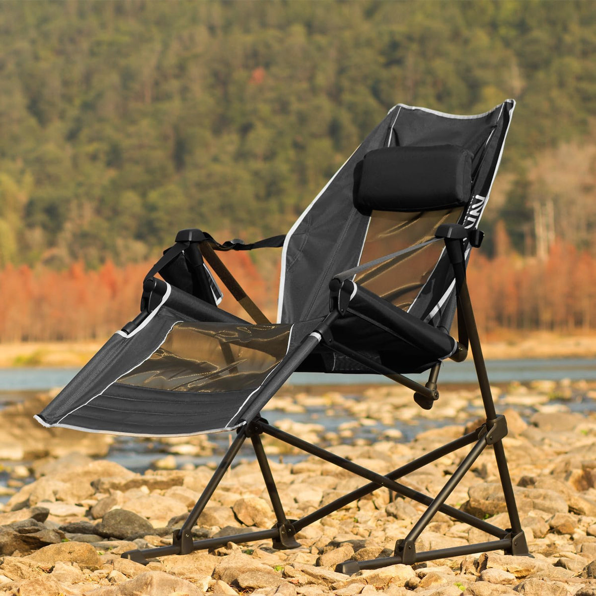 Go-Horizon Hammock Swinging Camping Chair for Adults up to 400bs,Full Lie-Flat Folding Chair with Footrest,Adjustable Headrest,Cup Holder & Carry Bag for Camping,Fishing,Beach,Patio—Black