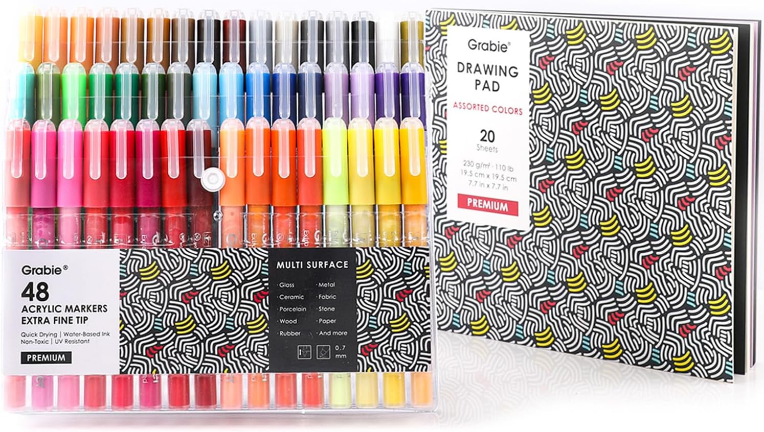 Grabie Pack of 48 Color Acrylic Paint Markers, 0.7mm Extra Fine Tip Pens