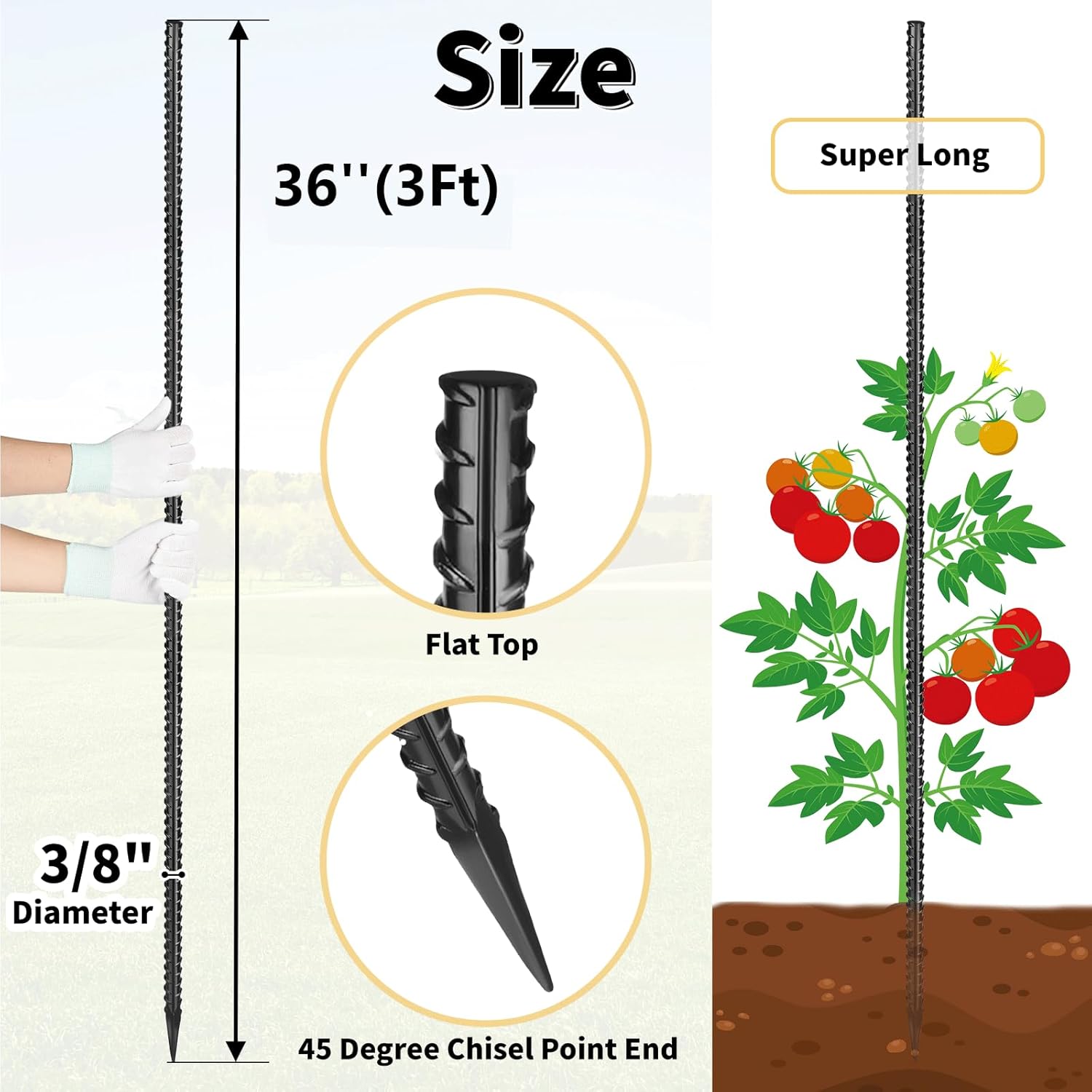 Besitu Rebar Stakes 36 inches 16-Pack Concrete Form Stakes Straight 3/8" Diameter Rebar Ground Metal Stakes for Landscaping, Securing Fence, Garden Plants Support, Survey Markers and Securing Trees