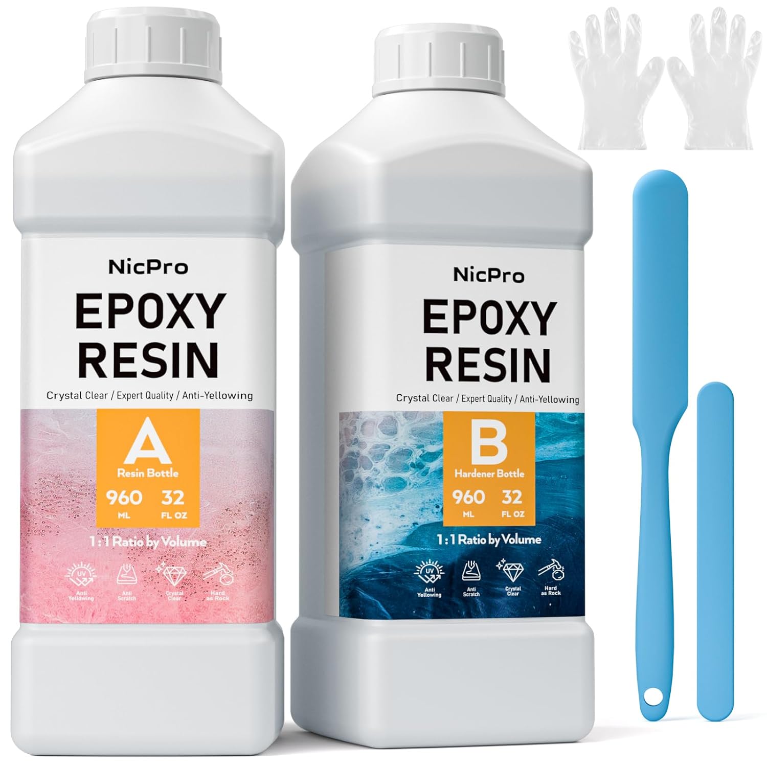 Nicpro 64OZ Crystal Clear Epoxy Resin Kit, High Gloss & Bubbles Free Resin Supplies for Coating and Casting, Craft DIY, Wood, Table Top, Bar Top, Molds, River Tables