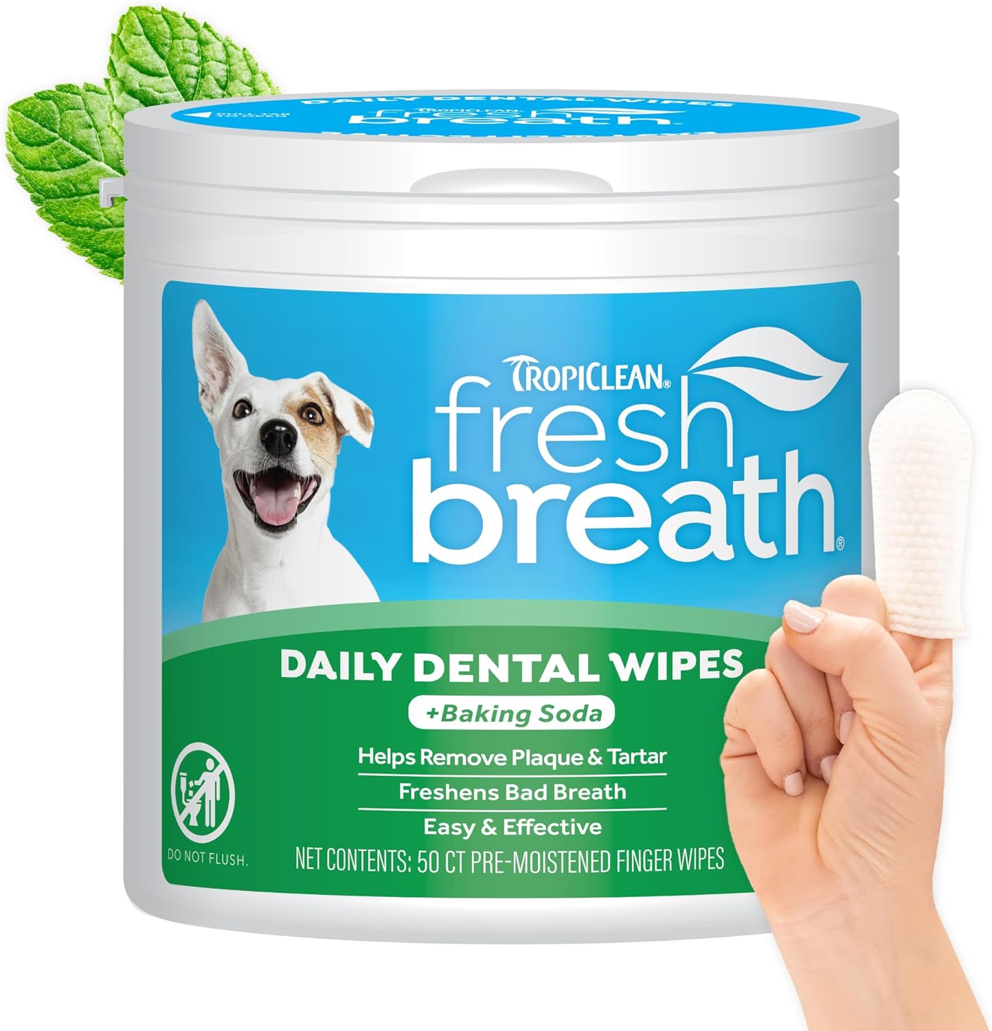 TropiClean Fresh Breath Dog Teeth Cleaning Dental Wipes, 50ct