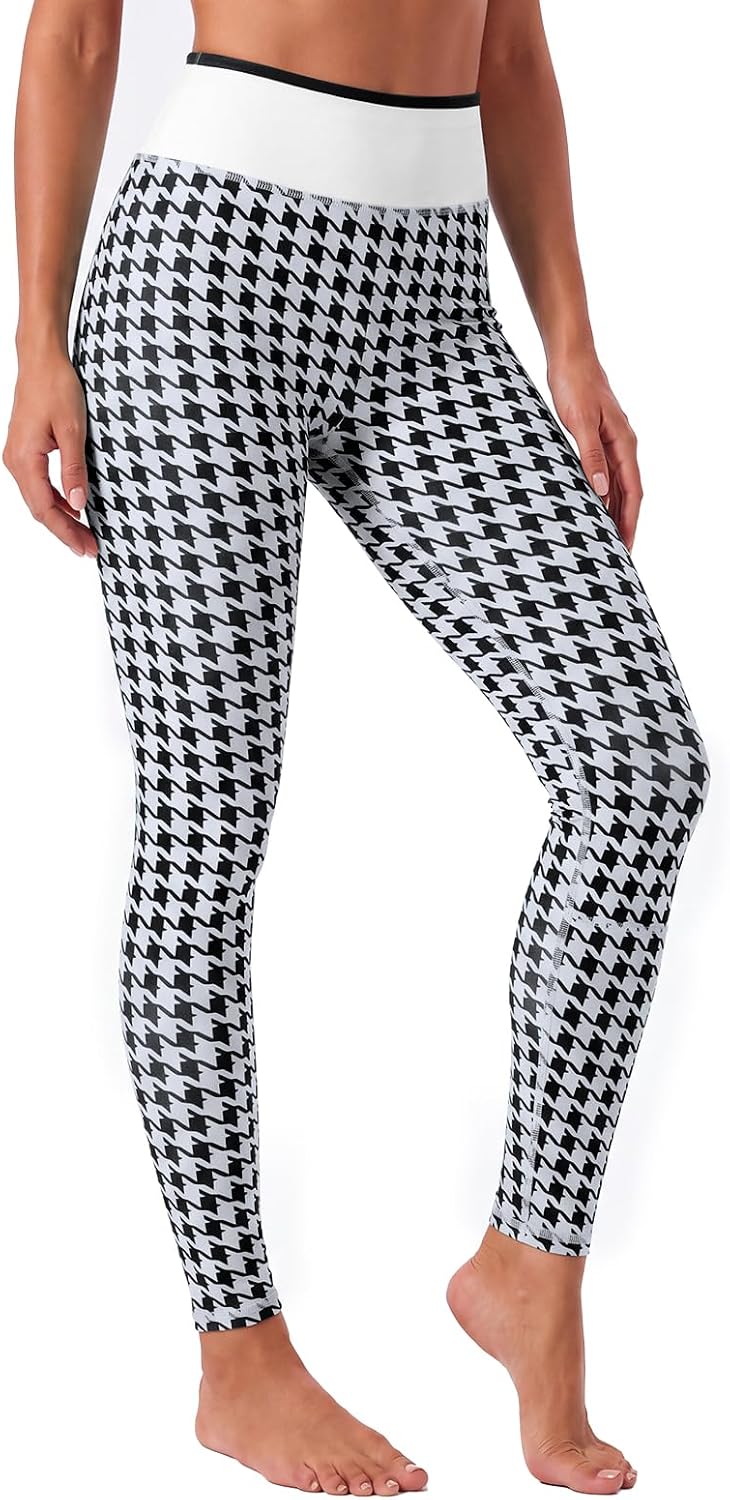 Aoysky Womens High Waist Houndstooth Leggings No Front Seam Yoga Pants