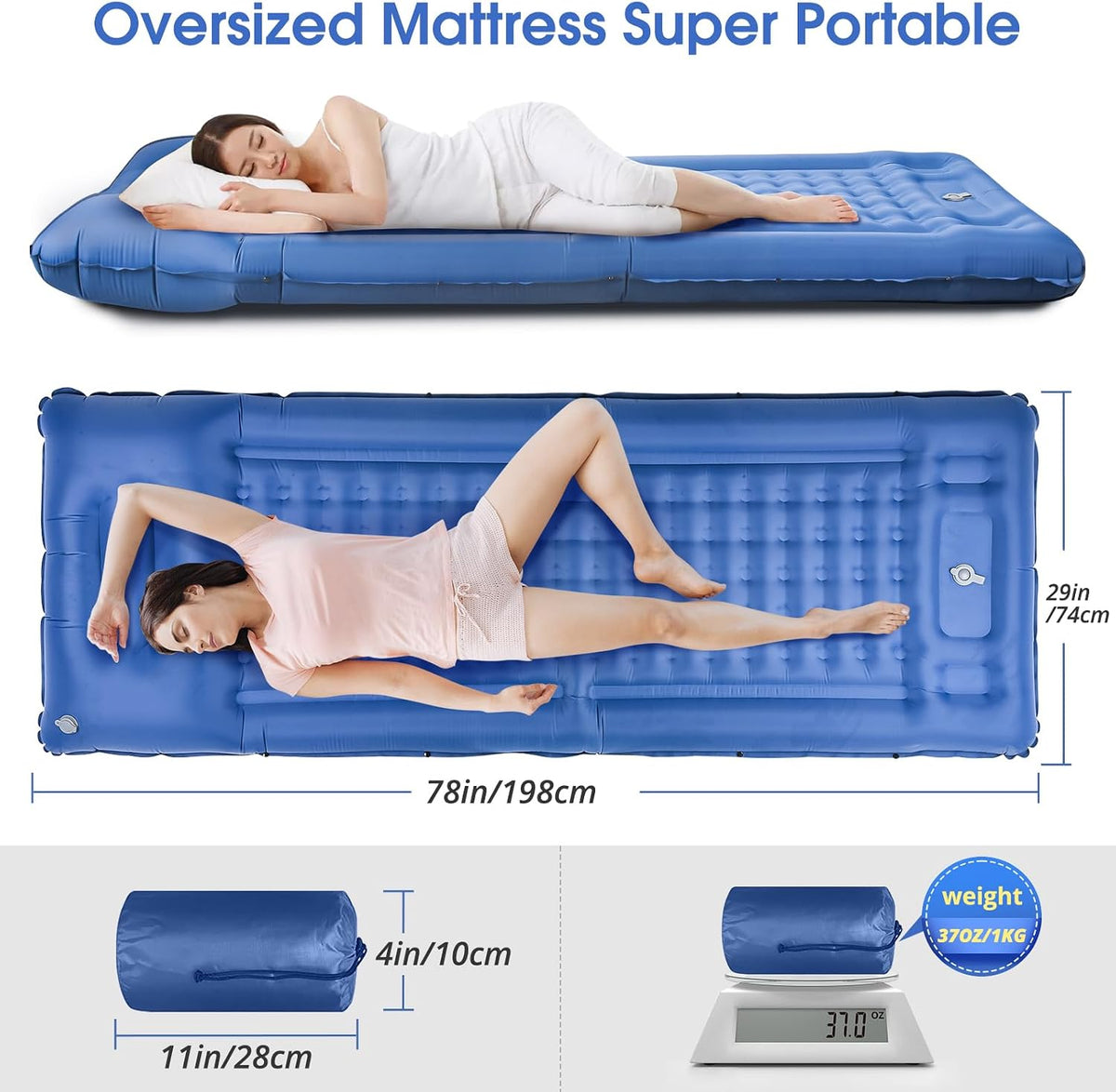 LILTSDRAE Camping Sleeping Pads，Extra Thick 5 Inch Inflatable Sleeping Mat with Pillow Built-in Pump，Oversized Mattress Super Portable Backpacking Sleeping Pad (Blue, Single)
