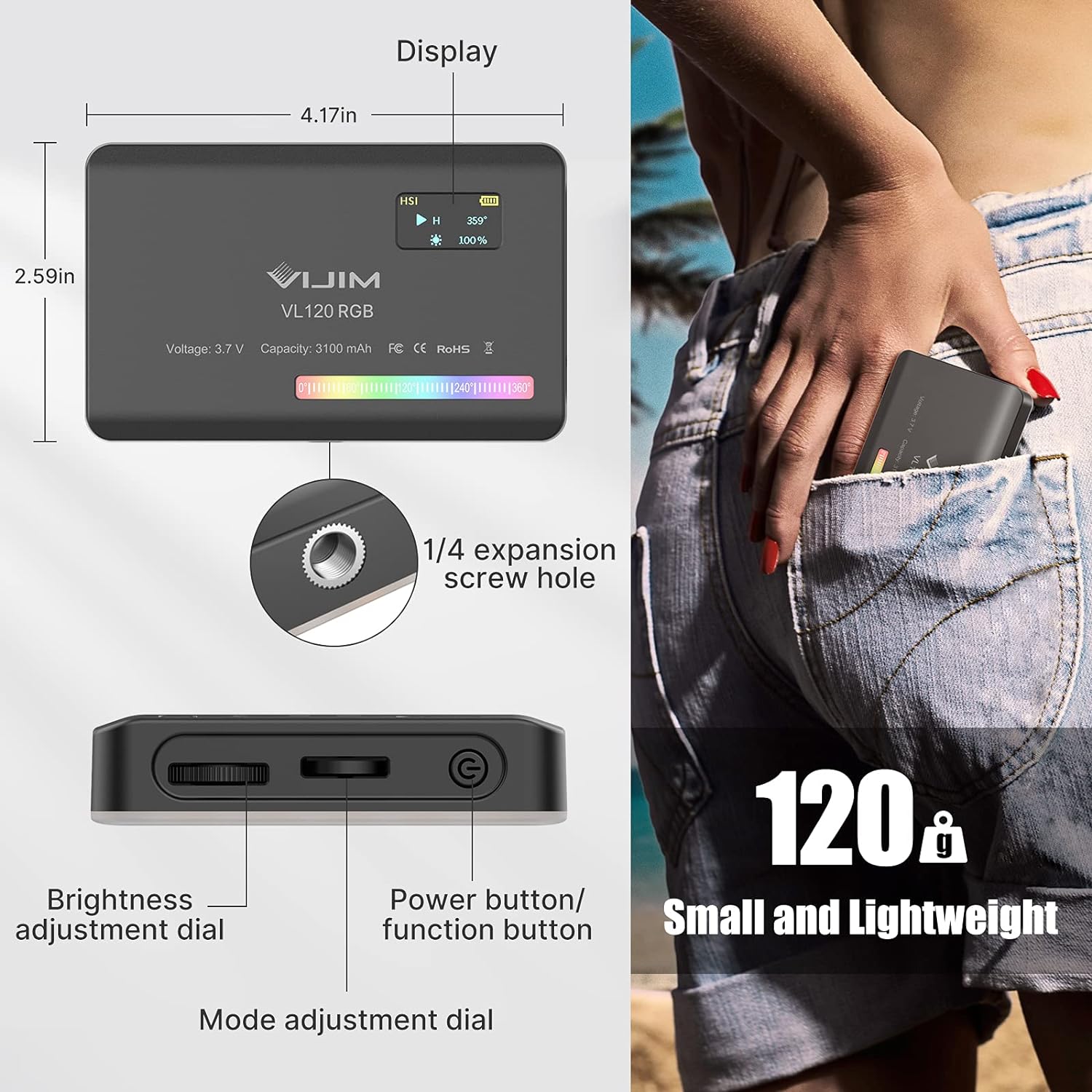 VIJIM VL120 RGB Video Light Portable LED Camera Light Panel 0-360Full Color