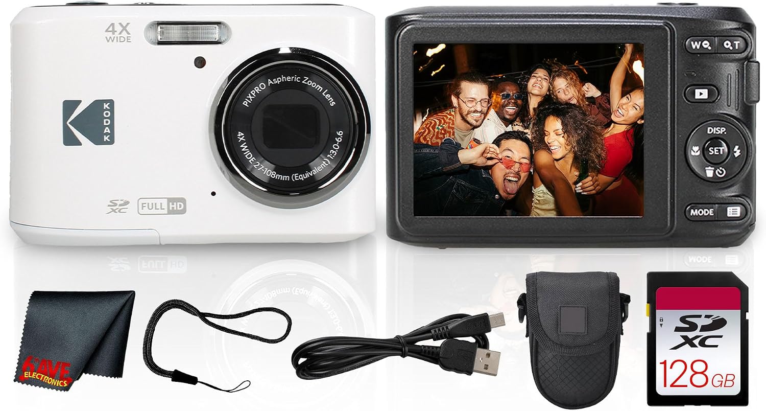 Kodak PIXPRO FZ45 4X Zoom Camera (White) (FZ45WH) + Cleaning Cloth Bundle