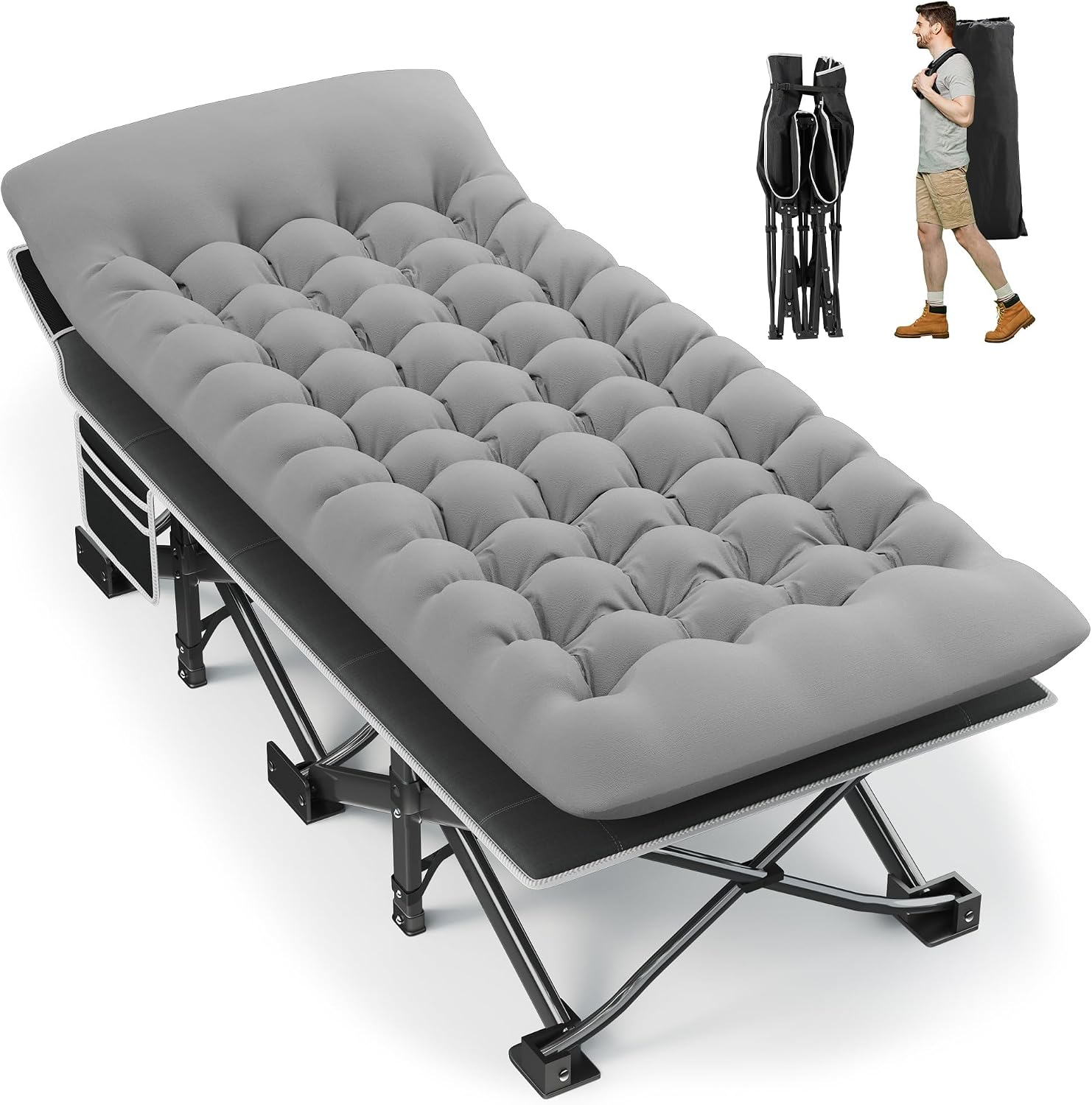 Fragess Portable Camping Cot, 32" Extra Wide Camping Cots for Adults with Thick Mattress, Heavy Duty Sleeping Cot Holds Up to 600LBS, Cots for Sleeping, Rv, Beach, Patio, Office Naps(Grey)