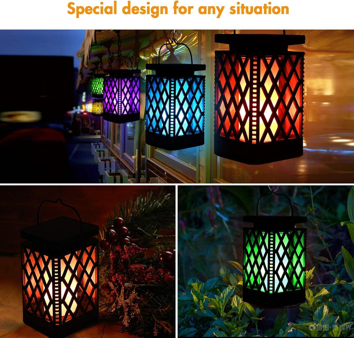 Solar Lanterns-Sunklly Hanging Solar Lights Color Changing & Fixed 9 Modes Waterproof Hanging Lanterns Outdoor Lights Flickering Flame Camping Lanterns Decoration for Garden Patio Pathway(2 Pack)
