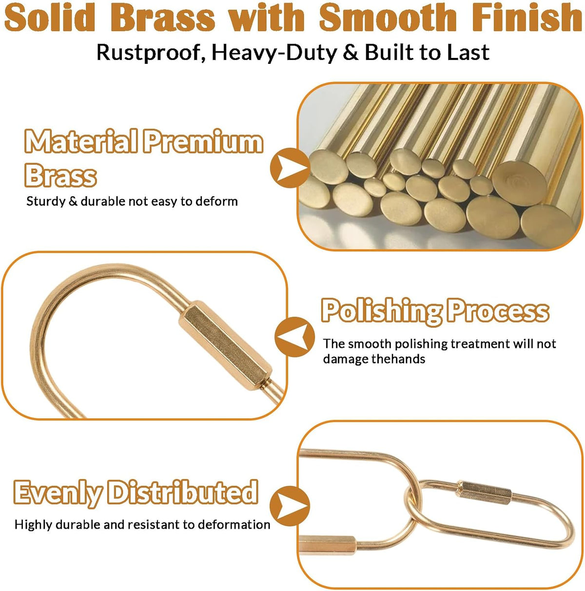 10 Pcs Gold Solid Brass Carabiner Keychain Clip - Brass Key Ring