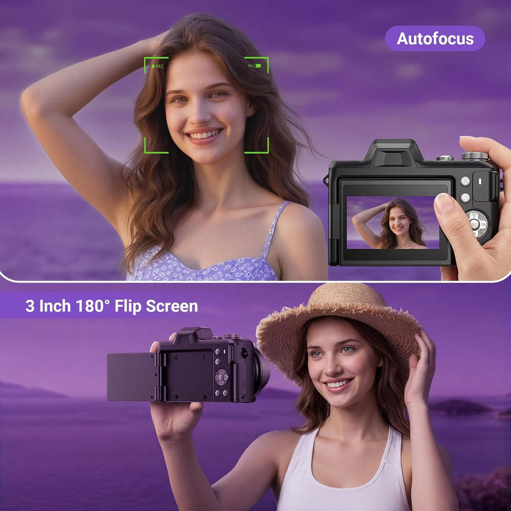4K Digital Camera for Photography, 56MP Autofocus Vlogging Camera for YouTube Travel, 3" 180°Flip Screen & Lens Hood 16X Zoom, 32GB SD Card for Teens & Beginners