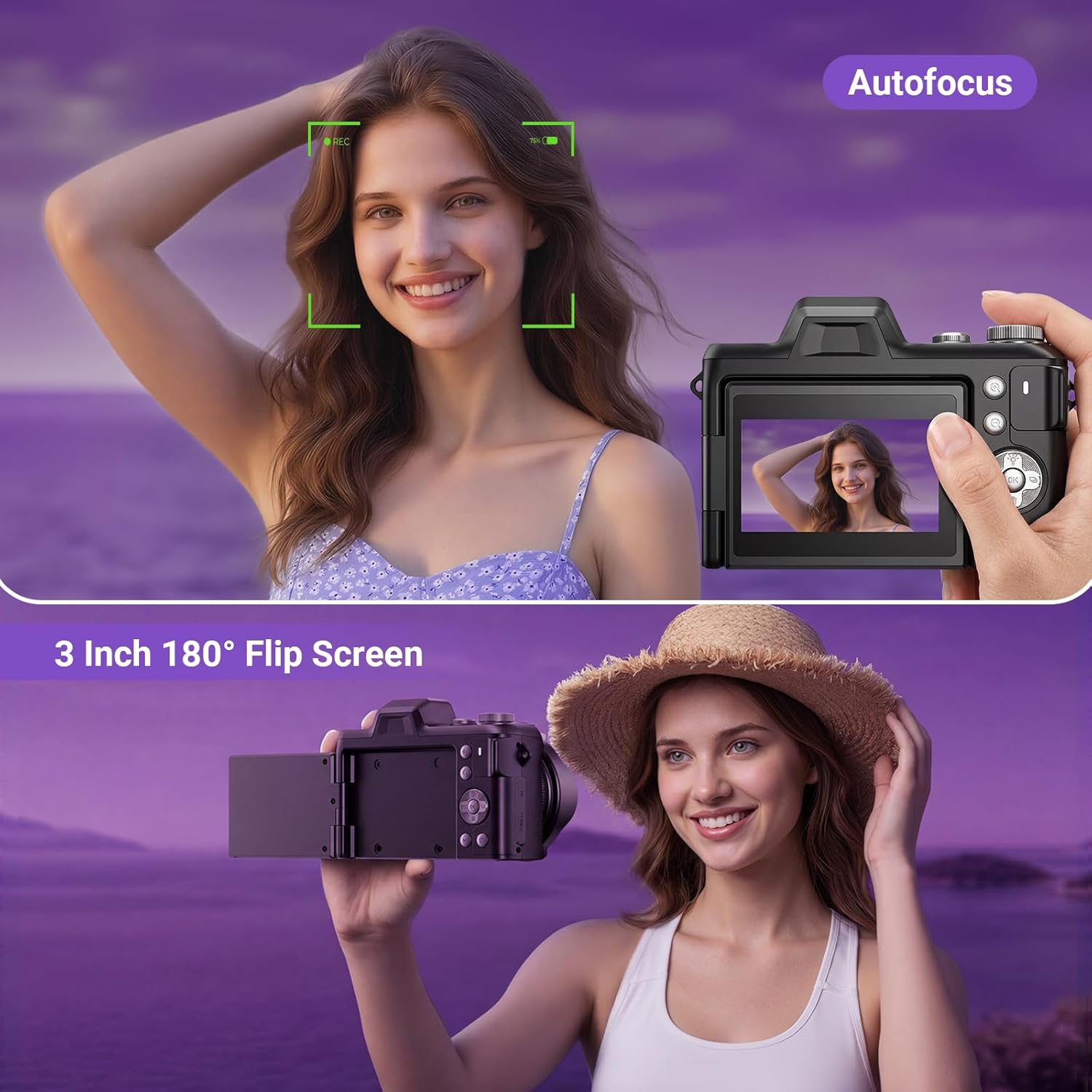 4K Digital Camera for Photography, 56MP Autofocus Vlogging Camera for YouTube Travel, 3" 180°Flip Screen & Lens Hood 16X Zoom, 32GB SD Card for Teens & Beginners