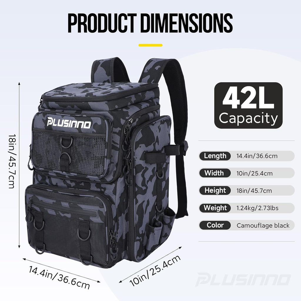 PLUSINNO Fishing Backpack with Tackle Boxes,Fishing Gear,42L Waterproof tackle Backpack with Rod Holders,Lures,Tools,Pliers & Accessories, Fish Gifts for Men
