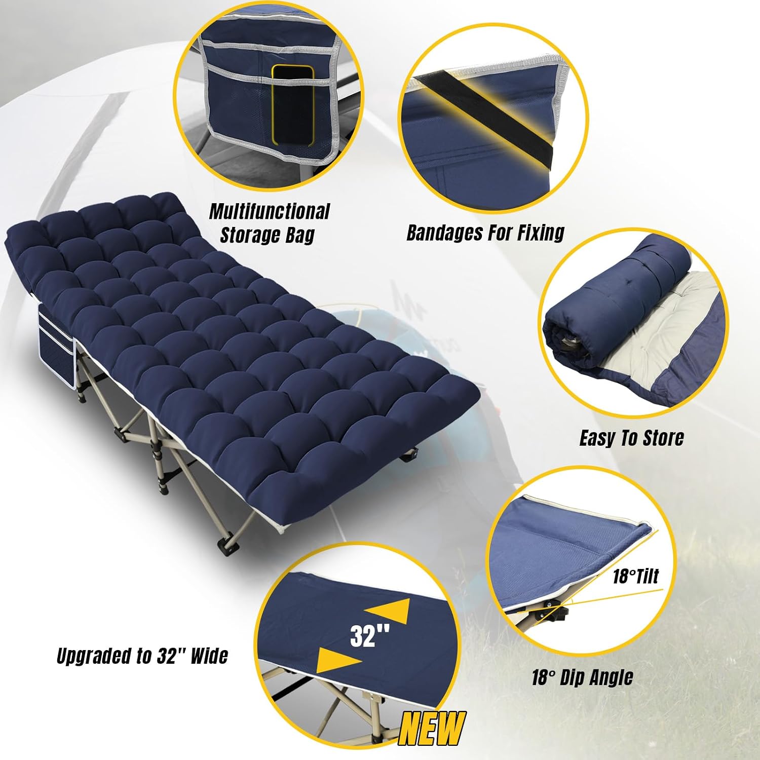 YELLOW JACKET Folding Camping Cot with Mattress, Upgraded 32" Wide Cot for Camping, Folding Sleeping Cot with Carry Bag, Camping Cots for Adults Idea for Home, Office & Travel