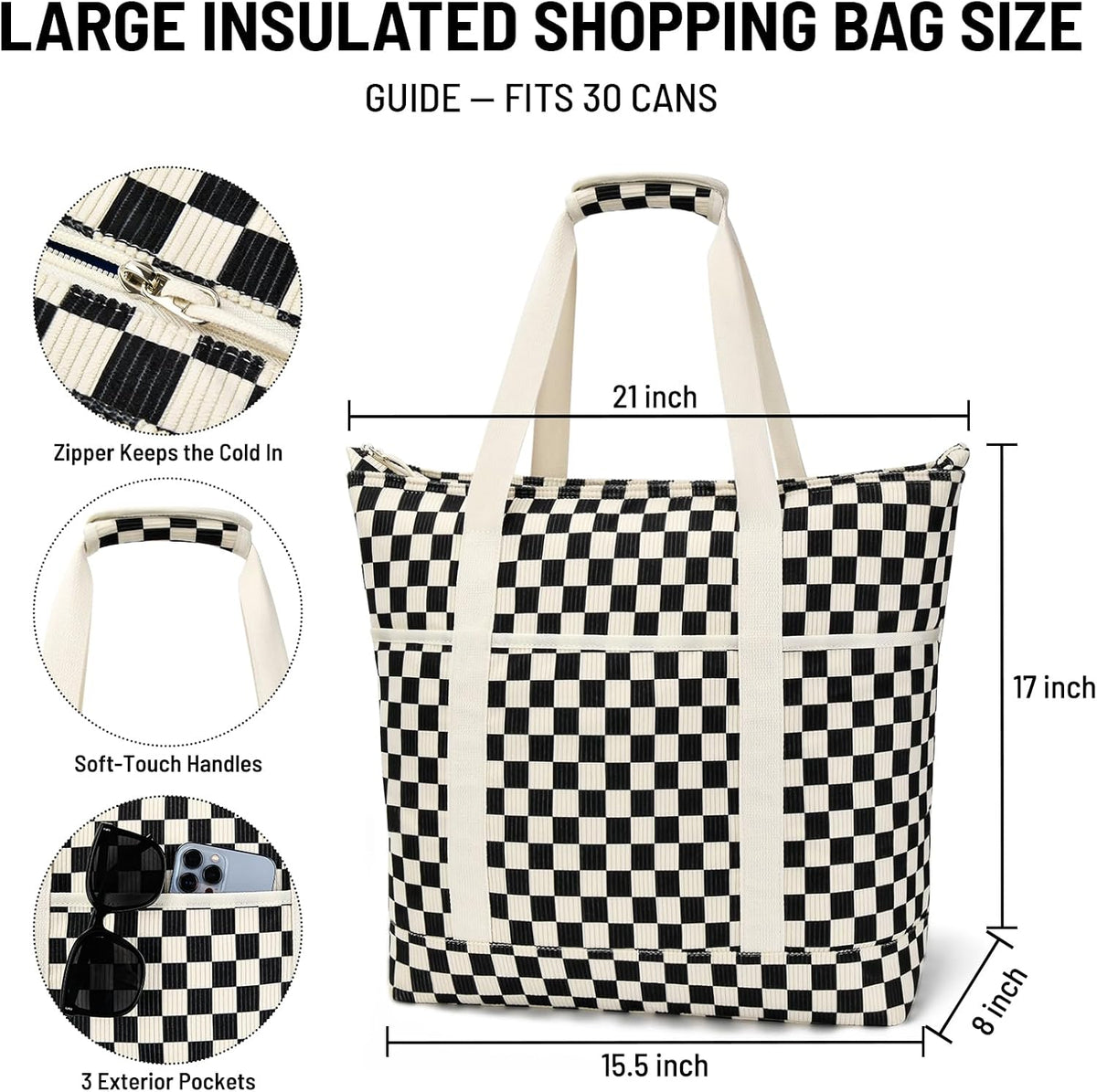 Corduroy Insulated Cooler Tote Bag for Grocery Shopping, Beach