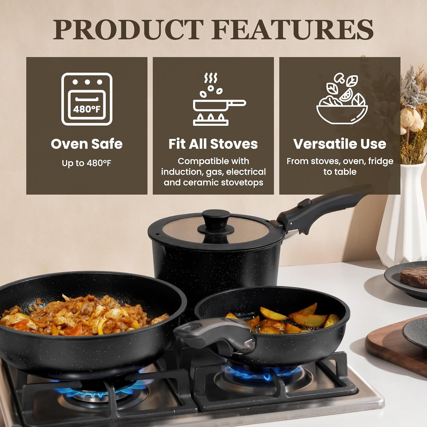 KIKCOIN Pots and Pans Set, 27 Pack Nonstick Cookware Set Detachable Handle, Induction RV Kitchen Cooking Set with Removable Handle, Frying Pans, Casserole - Dishwasher/Oven Safe, PFOA Free