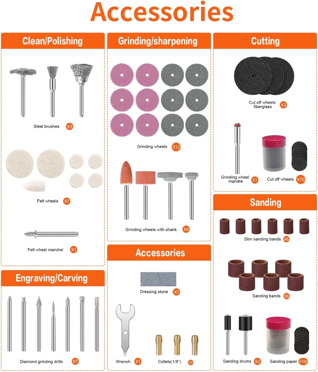 HARDELL 227Pcs Rotary Tool Kit w/ 1/8" Shanks, Sanding & Carving Orange