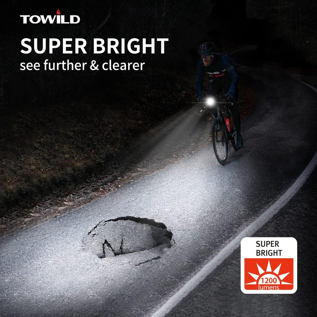 TOWILD CL1200 Bike Lights for Night Riding,Compatible with Garmin/GoPro Mount,1200 Lumen Bike Headlight,5000mAh Rechargeable Battery,Waterproof Bike Light for Commuter Cyclists