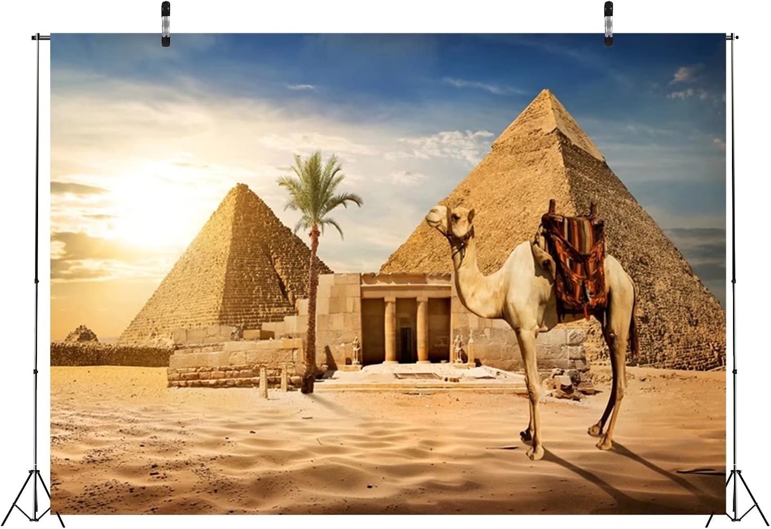 BELECO 8x6ft Fabric Pyramids Backdrop Photography Ancient Egyptian Pyramid Camel Backdrop Giza Desert Scene Coconut Tree Sunset Sky Background Nature Wallpaper Africa Desert Travel Photo Shoot Props